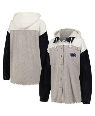 Women's Gray Distressed Penn State Nittany Lions Vintage-Like Wash Corduroy Full-Snap Hooded Shacket