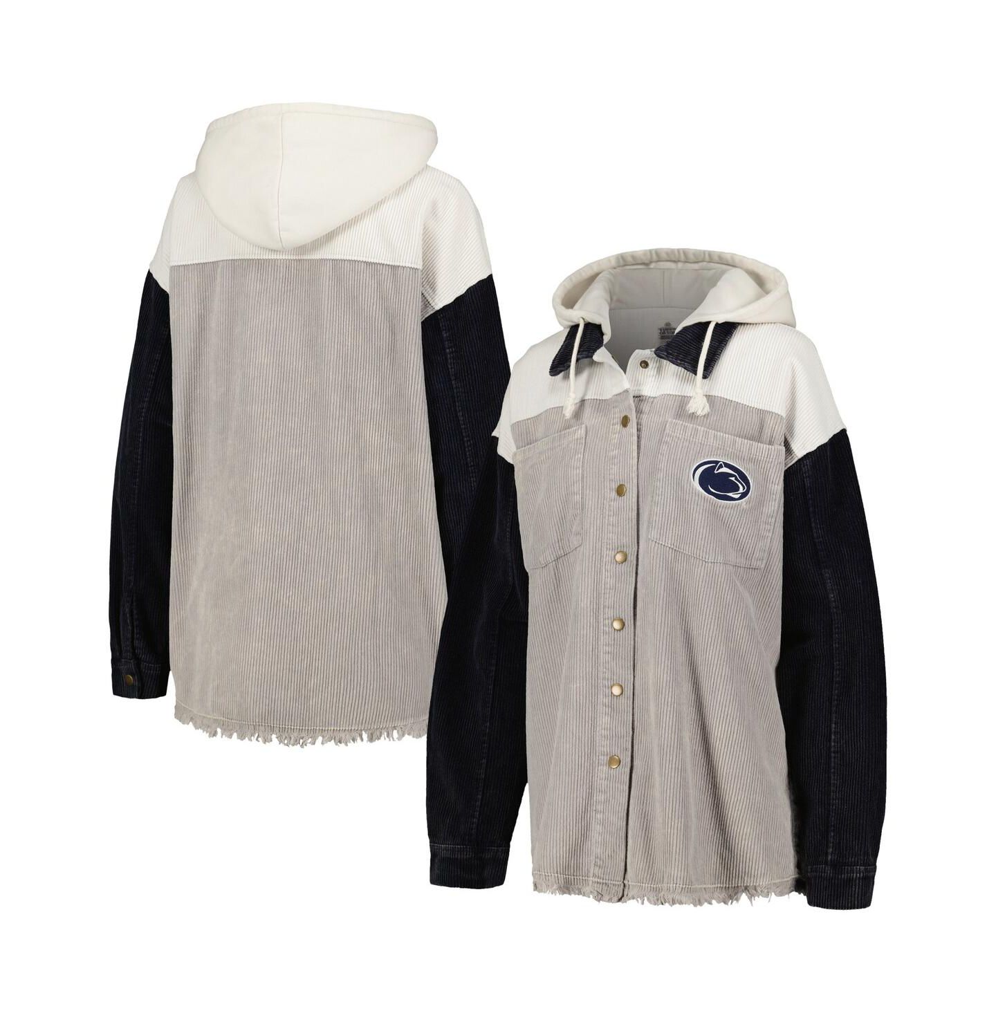 Женские куртки Gameday Couture Gray Distressed Penn State Nittany Lions Vintage-Like Wash Corduroy Full-Snap Hooded Shacket — фото 1