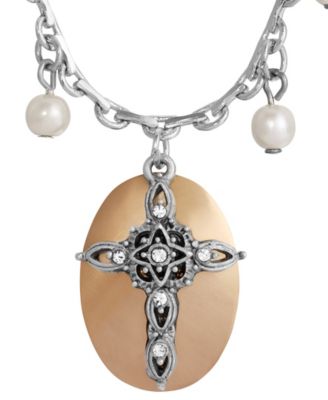Imitation Pearl Crystal Cross Pendant Necklace