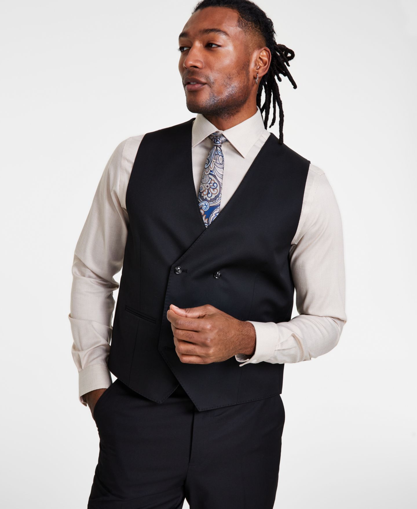 Мужской жилет Tayion Collection Classic-Fit Solid Double-Breasted Suit Vest, цвет: Чёрный однотонный — фото 1