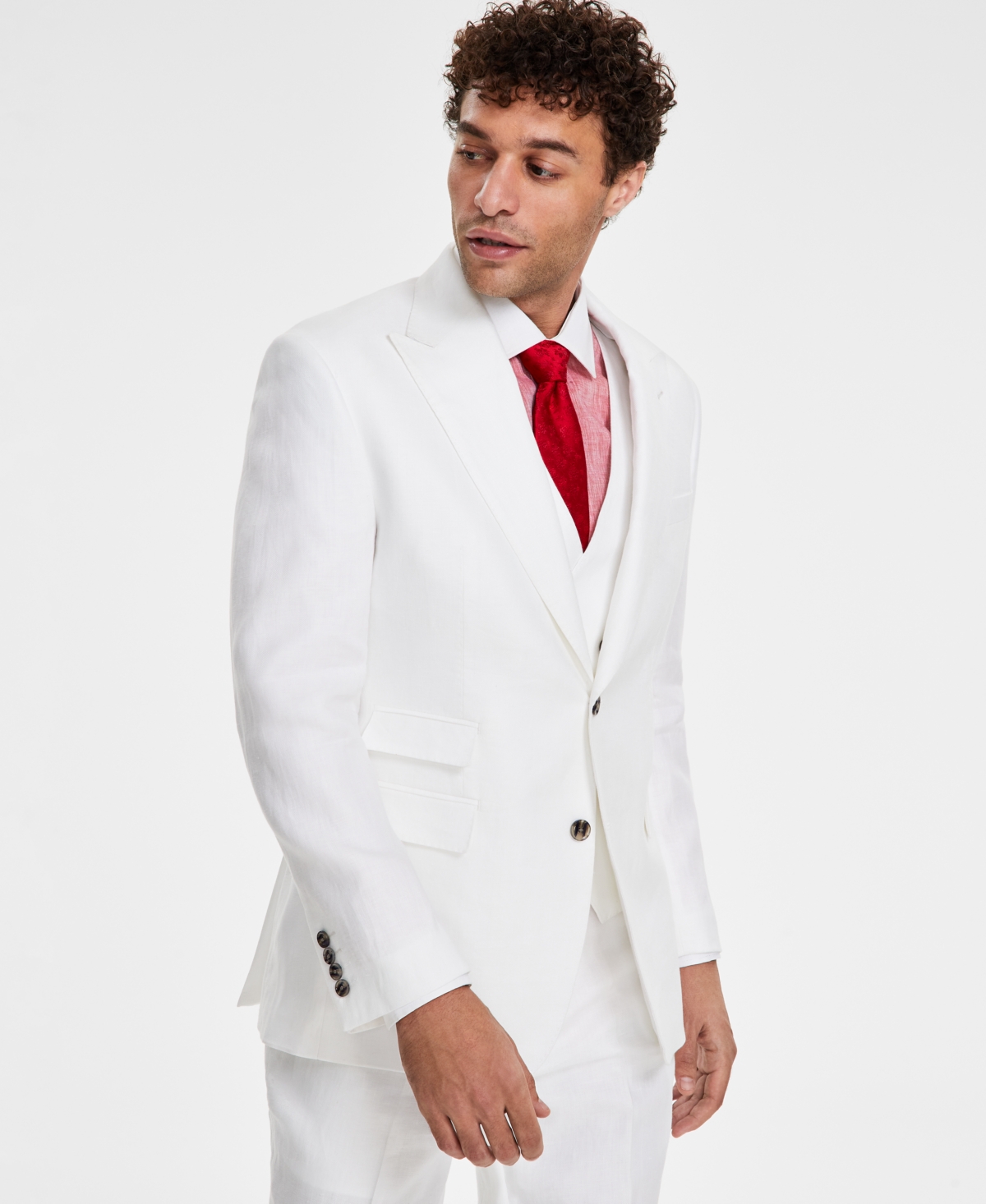 Men's Classic-Fit Linen Suit Jacket - White Herringbone