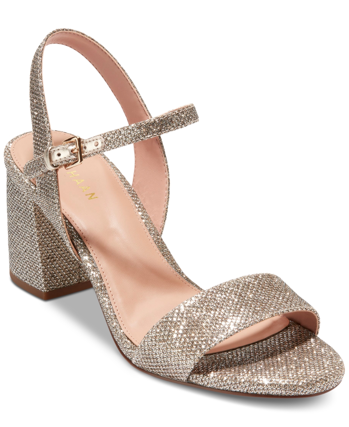 Cole Haan Josie Scalloped Block Heel Sandal In Gold Glitter Mesh
