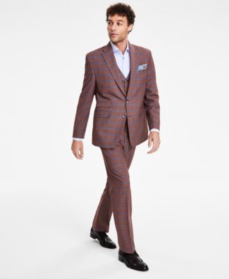 Shop Tayion Collection Mens Classic Fit Plaid Vested Suit Separates In Rust,blue Plaid