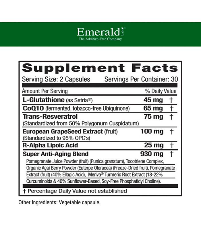 Emerald Labs AntiAging Cellular Complex With Setria LGlutathione, Meriva Curcuminoids, Trans