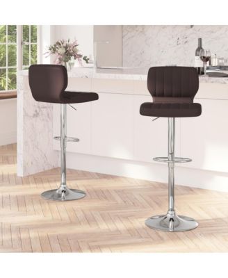 Set Of Two Swivel Bar Stools With Vertical Stitched Back And Adjustable Chrome Base With Footrest