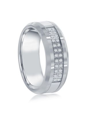 Brushed and Polished Double Row CZ Silver Tungsten Ring