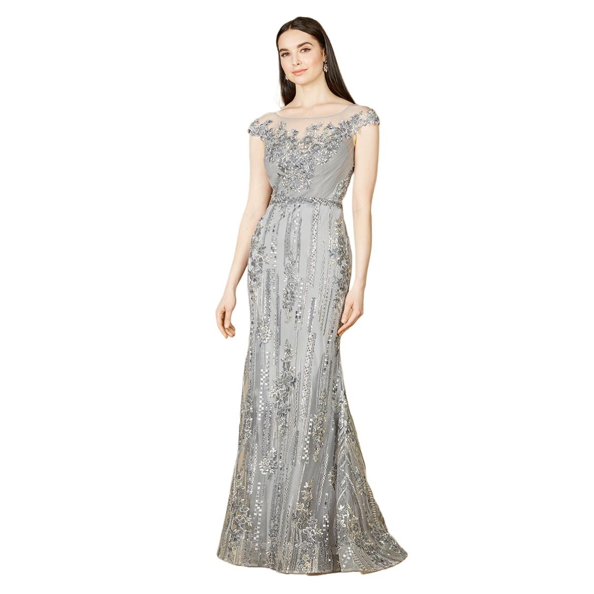Women's Cap Sleeve, Mermaid Lace Gown with Boat Neck - Grey