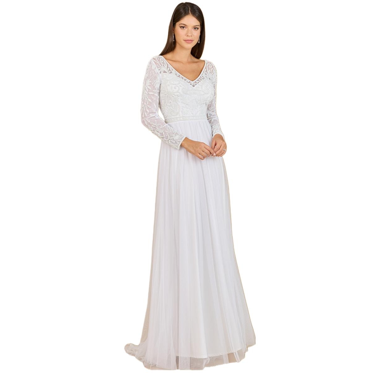 Women's Long Sleeve Bridal Gown with Flowy Skirt - Ivory
