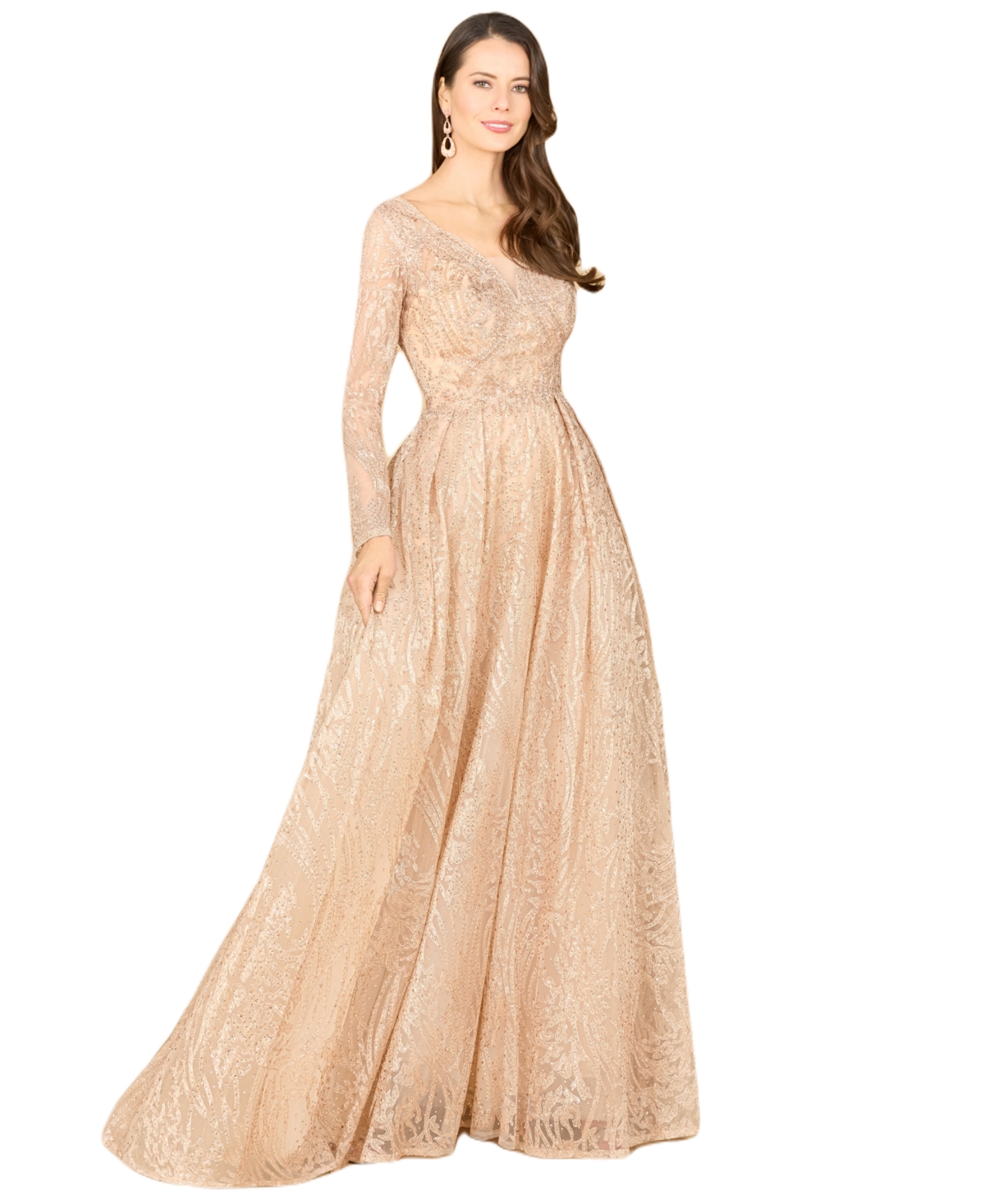 Women's Long Sleeve, A-line Gown with a V-Neckline - Champagne