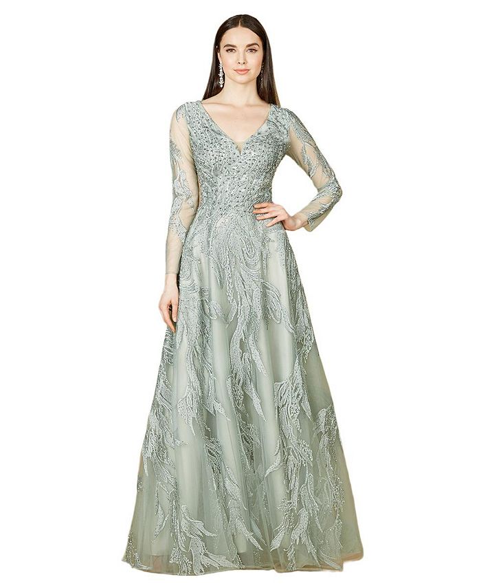Lara Women's Long Sleeve Lace Ballgown with V-Neck - Macy's