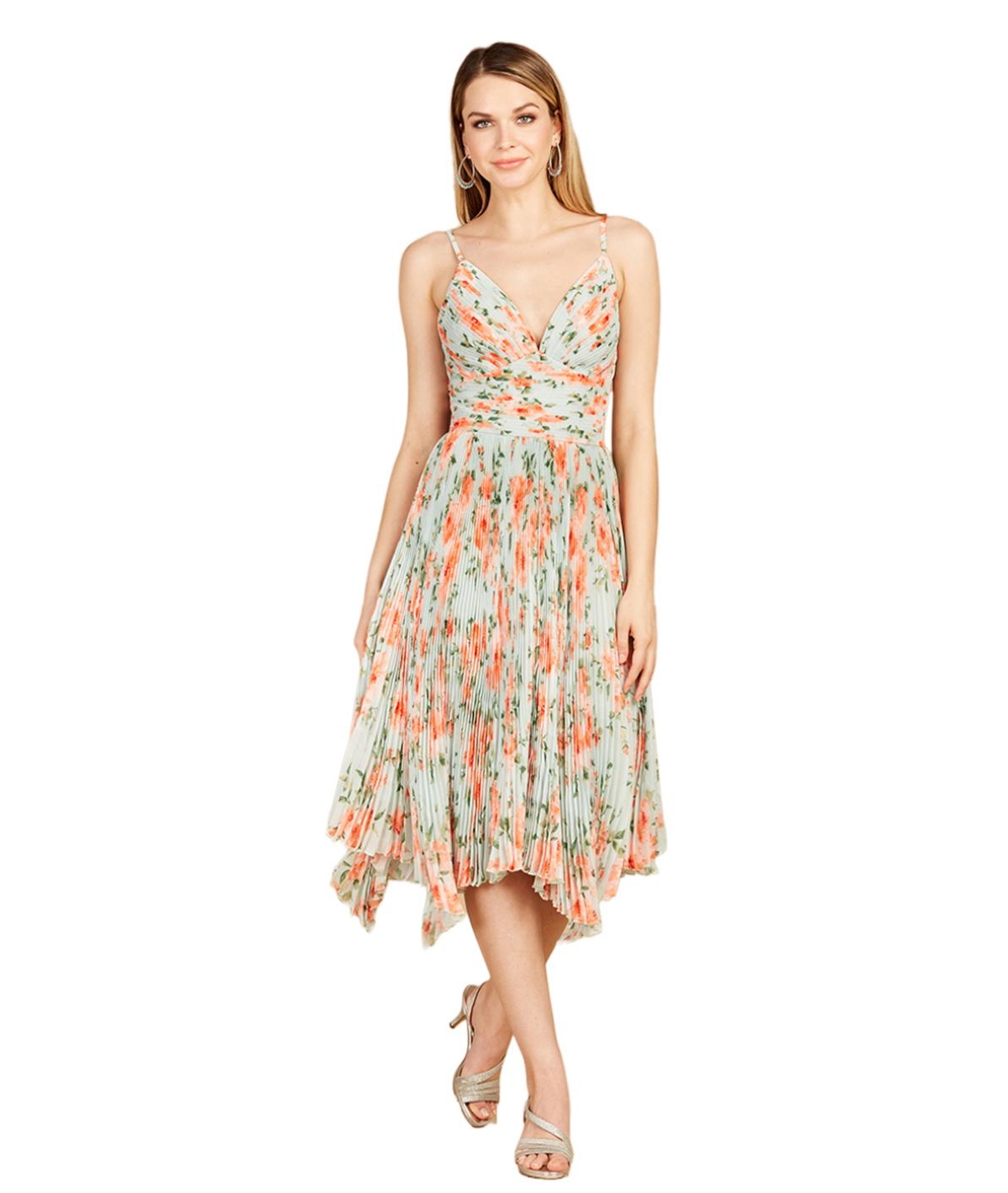 Women's V-Neck Printed Midi Length Dress with Pleats - Mint