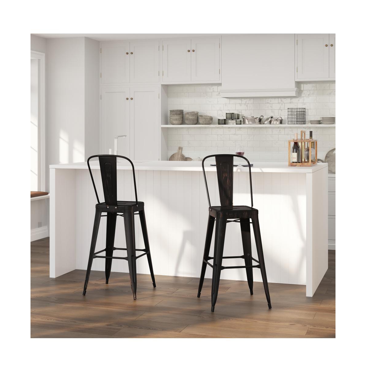 Merrick Lane Dothan Series Metal Stool With Removable Back For Indoor-Outdoor Use - Black-antique gold