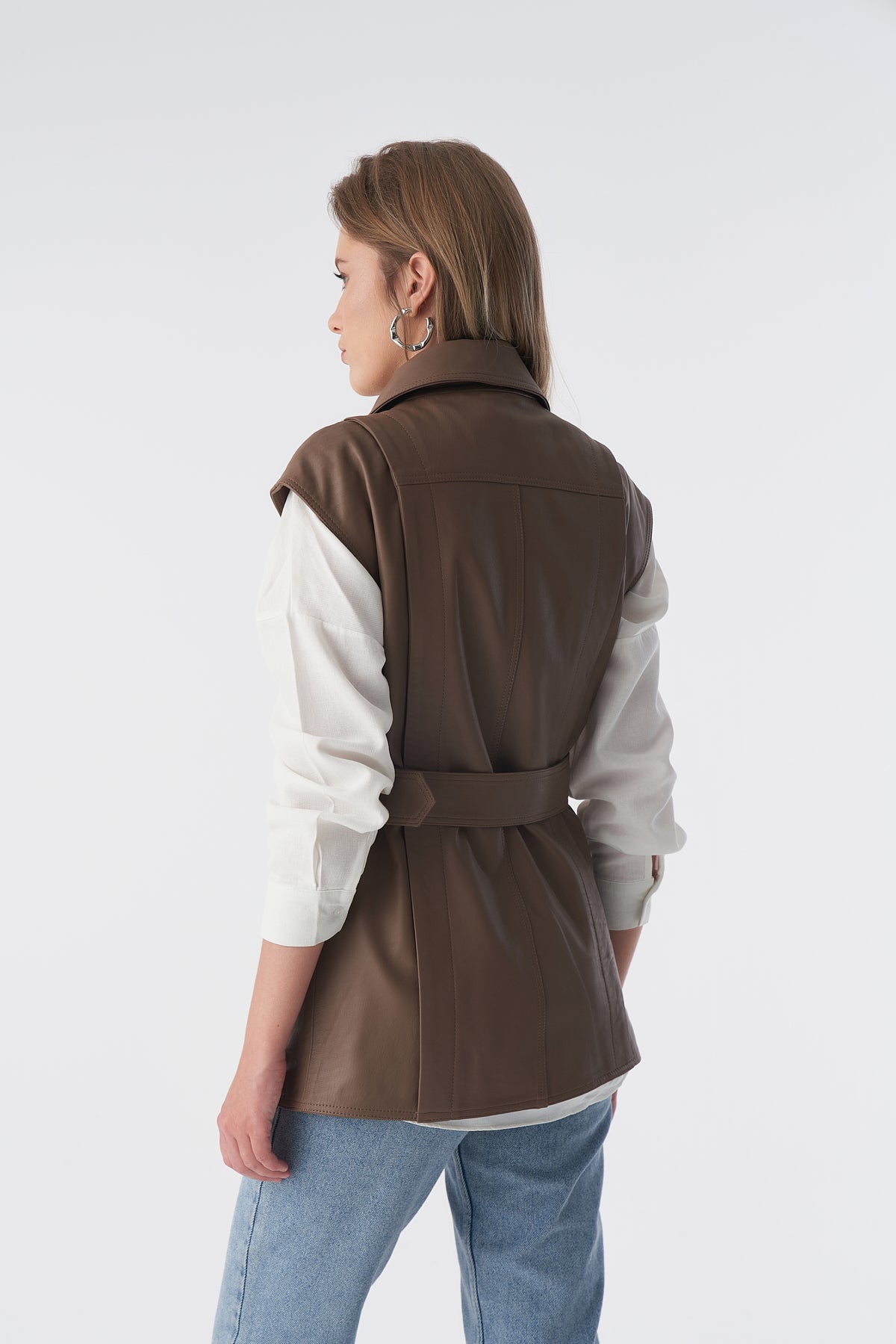 Furniq Uk Women's Genuine Leather Belted Waistcoat,- Mocha brown