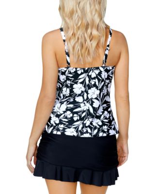 Shop Island Escape Womens Printed Cali Underwire Tankini Swim Top Solid Ruffled Swim Skirt Created For Macys In Black,white