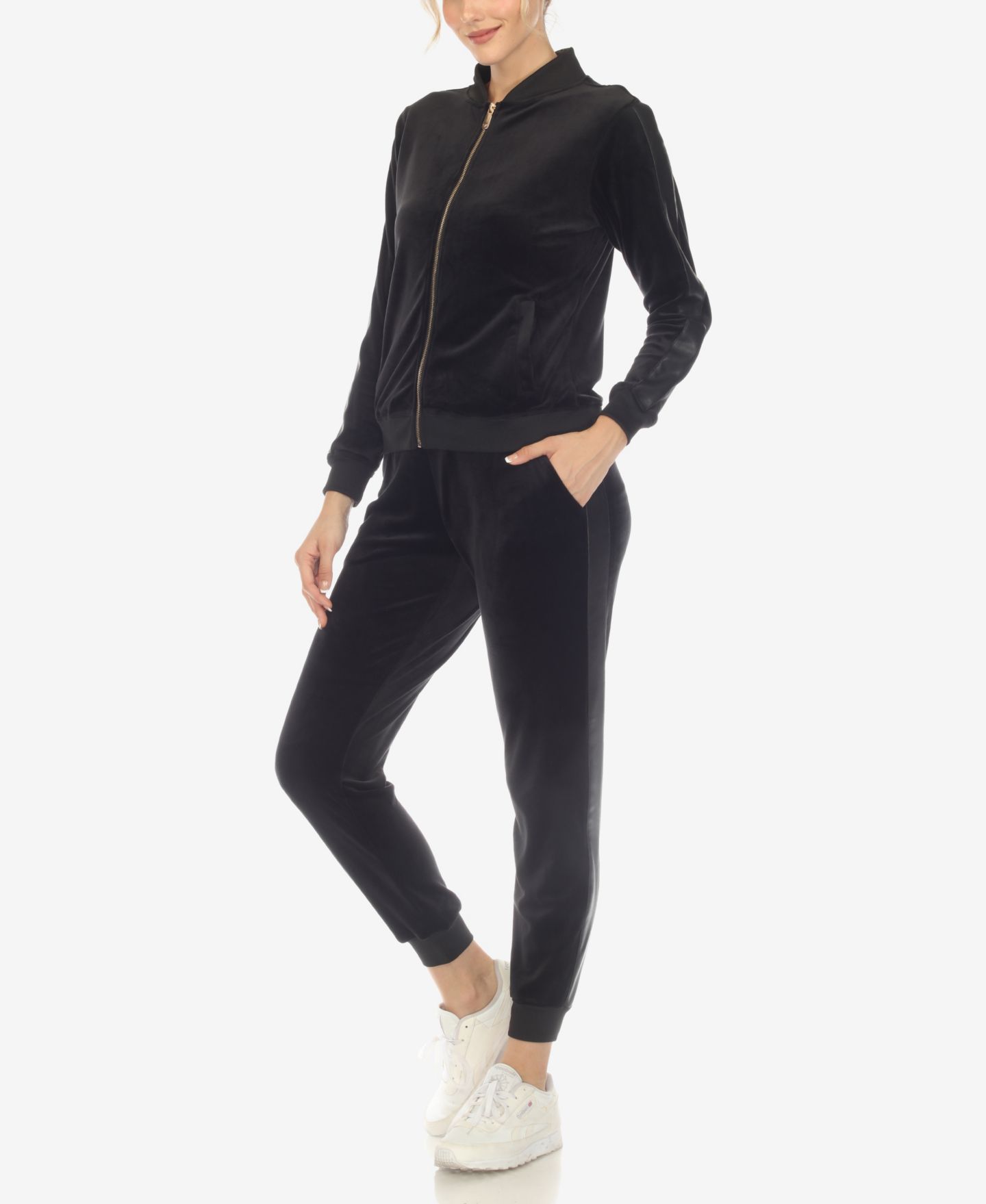 White Mark Women's Faux Leather Stripe Velour 2 Piece Tracksuit Set, цвет: Чёрный — фото 4