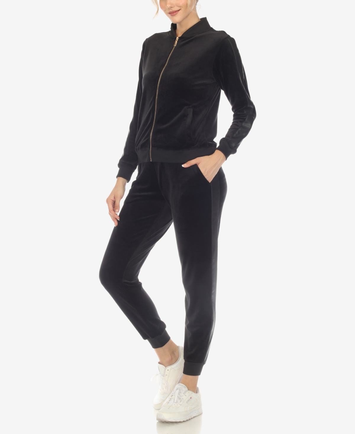 White Mark Women's Faux Leather Stripe Velour 2 Piece Tracksuit Set