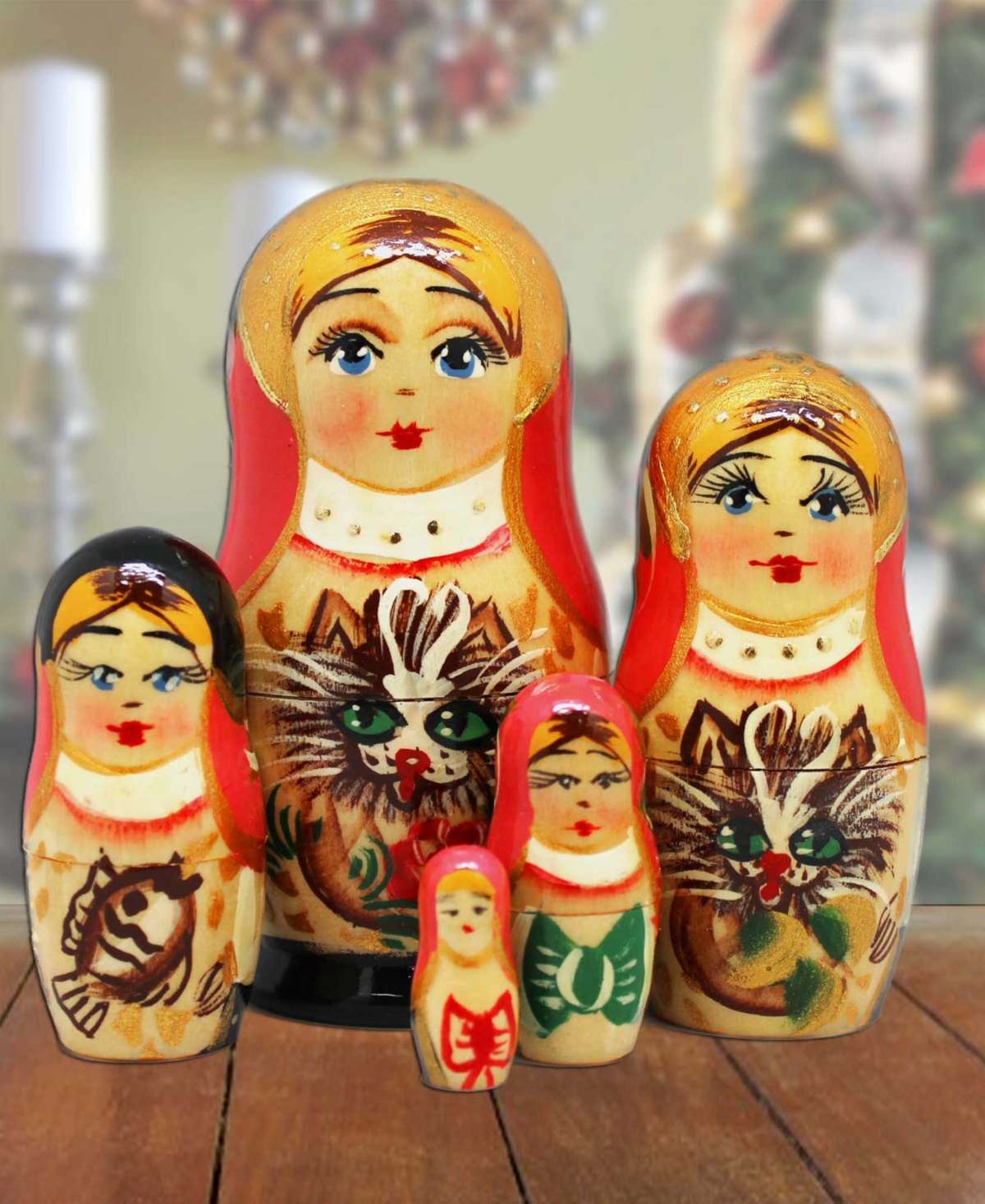 Designocracy Kitty Matreshka Hand Painted Nested Doll Set Of 5 By G.debrekht In Multi Color