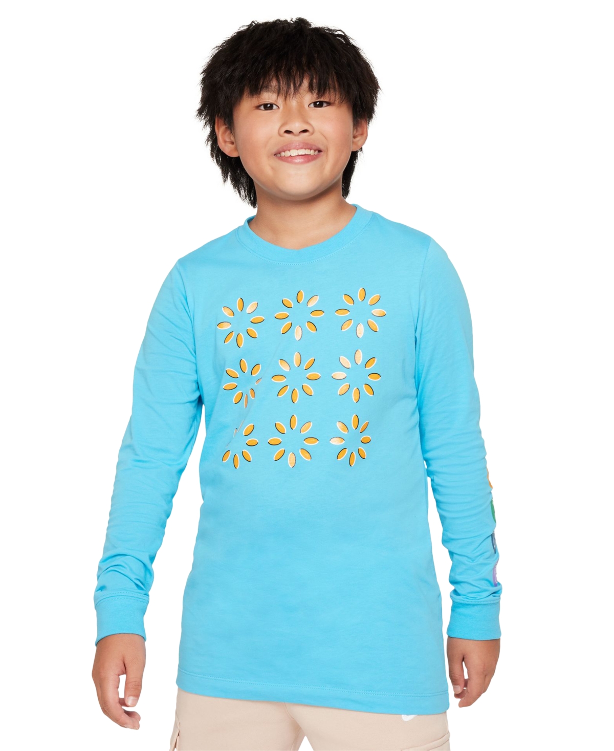 Nike Big Kids Sportswear Relaxed-fit Printed Long-sleeve T-shirt In Baltic Blue