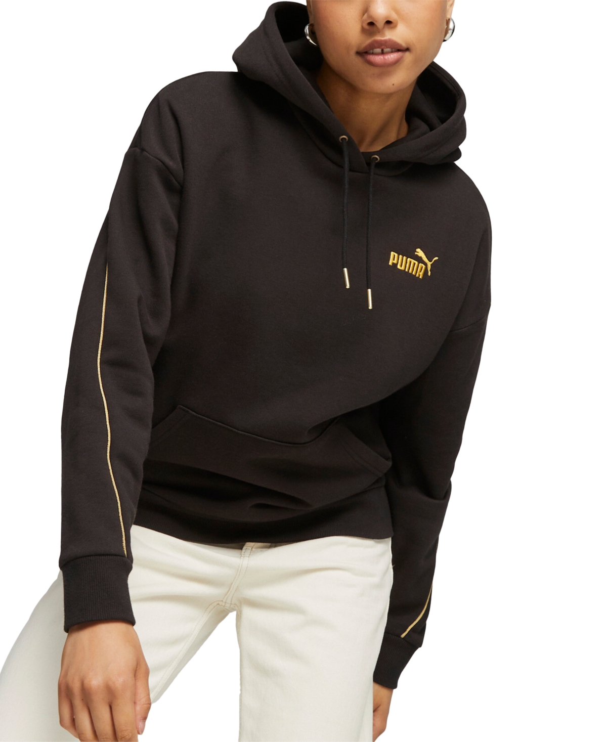 Puma Women's Essential Minimal Metallic Piped-trim Logo Hoodie In  Black