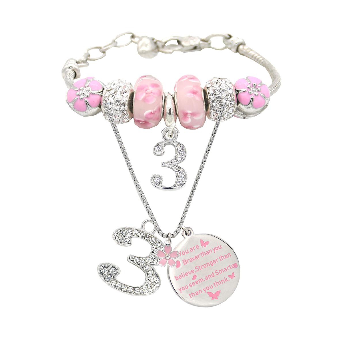 3rd Birthday Gifts for Little Girl: Necklace, Bracelet, and Jewelry Set with Decorations for Girls' Special Celebration - Pink