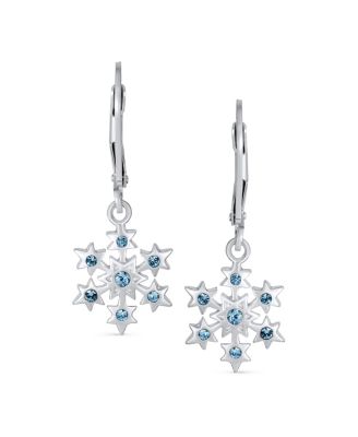 Delicate Holiday Party Christmas Snowflake Star Drop Lever back Earrings For Women For Teen Simulated Ice Blue Topaz .925 Sterling Silver