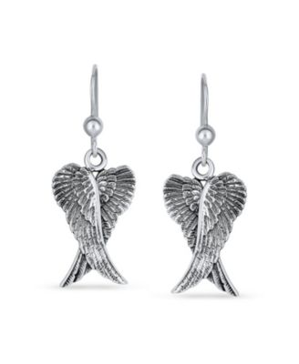 Spiritual Amulet Feather Heart Shaped Guardian Angel Wings Dangle Earrings For Women Teens Oxidized .925 Sterling Silver Fish Hook