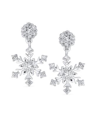 Winter Holiday Party CZ Cubic Zirconia Christmas Flower Frozen Snowflake Dangle Earrings Sterling Silver