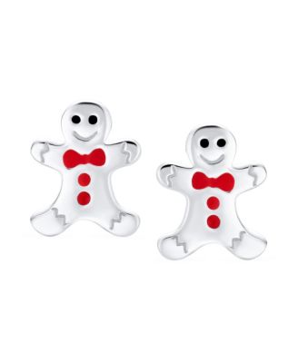 Small Fun Holiday Cartoon Christmas Winter Enamel Bow Tie Gingerbread man Stud Earrings Sterling Silver