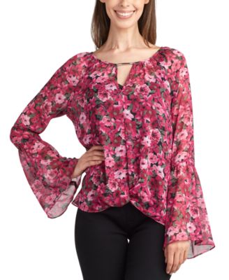 BCX Juniors' Twisted Keyhole Floral Bell-Sleeve Top - Macy's