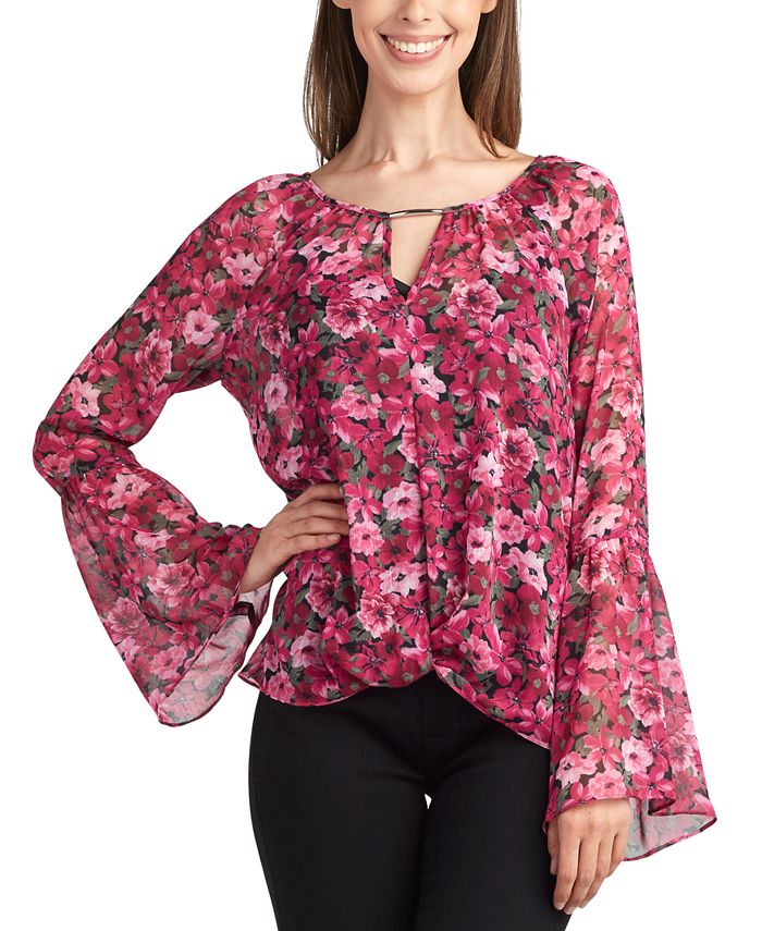 RED HAUTE Womens Coral Tie Sheer Floral Bell Sleeve Surplice Neckline Wrap Top main image 1