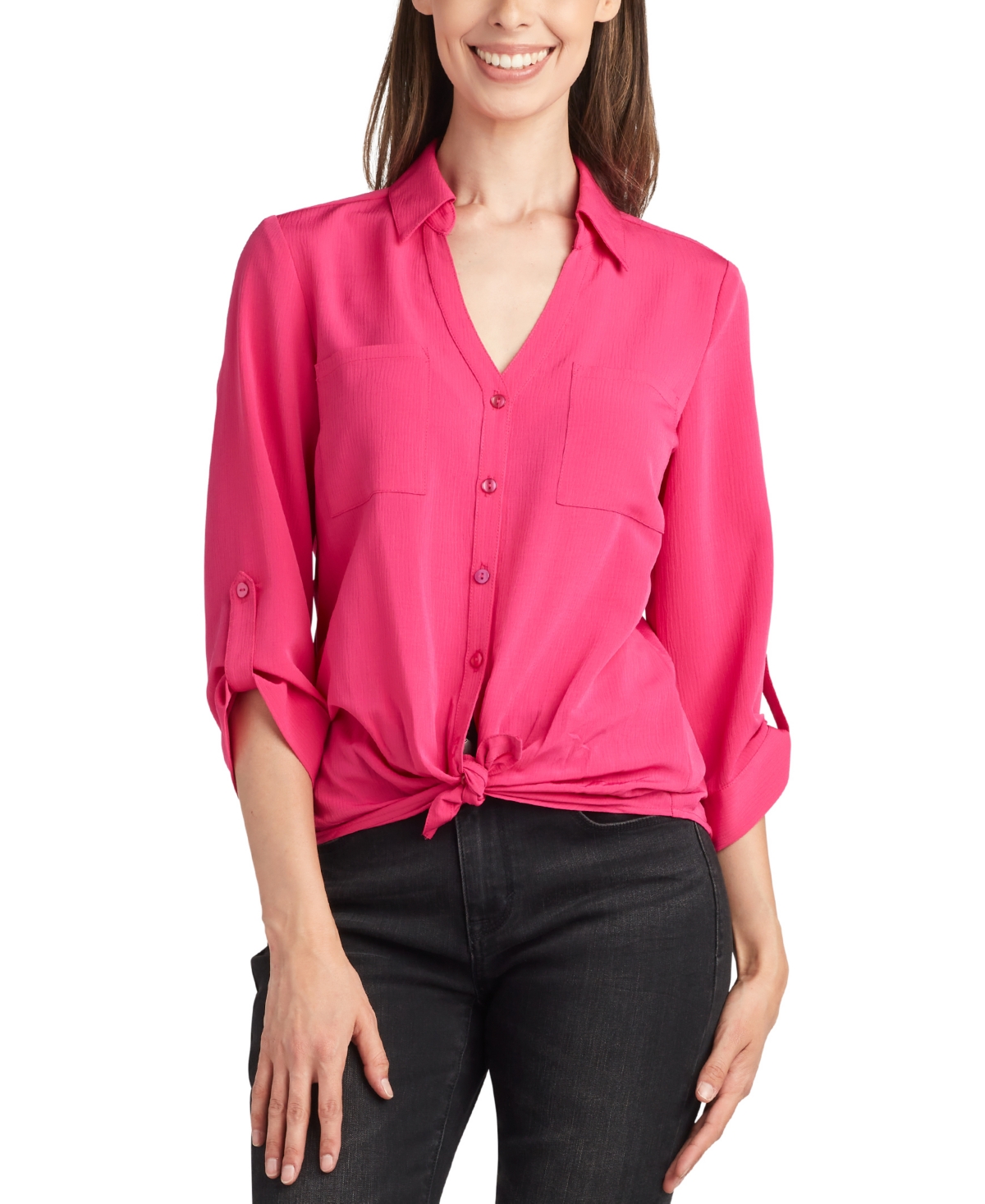 Juniors' Roll-Tab-Sleeve Tie-Front Shirt - Pink