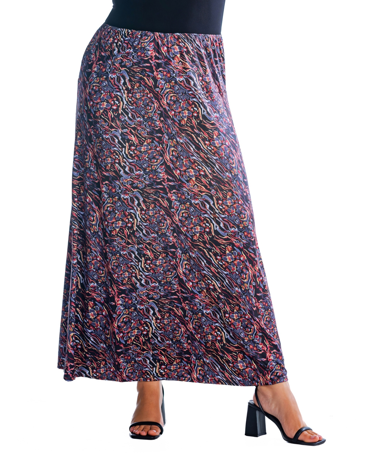 24seven Comfort Apparel Plus Size Abstract Floral A-line Maxi Skirt In Black Multi