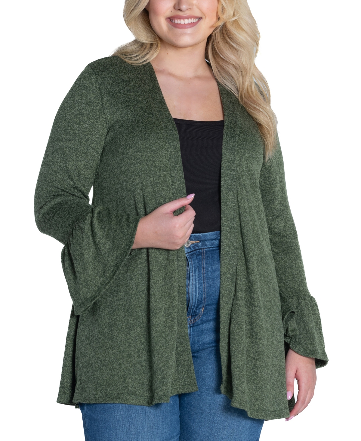 24seven Comfort Apparel Plus Size Bell Sleeve Open Cardigan Sweater In Olive