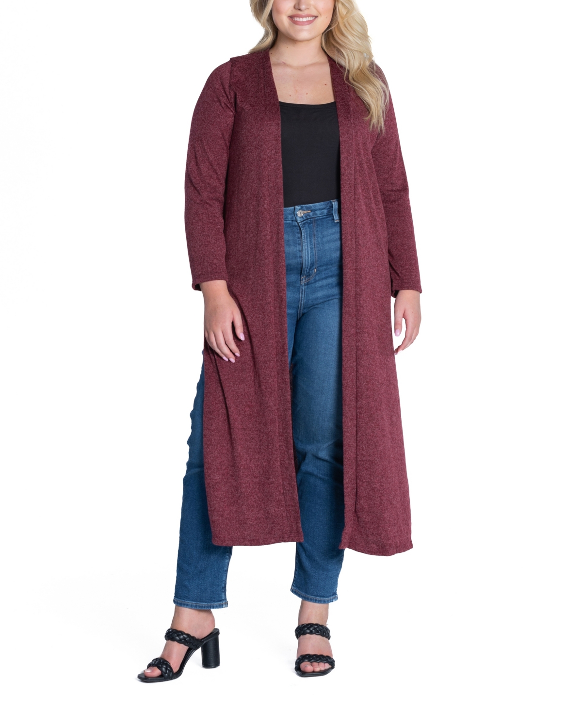24seven Comfort Apparel Plus Size Long Duster Open Front Knit Cardigan Sweater