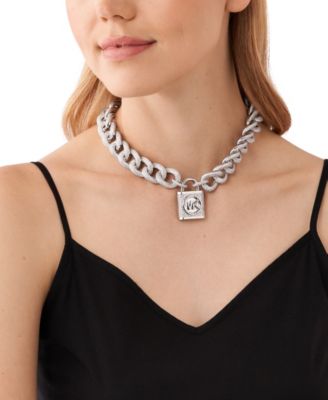 Michael Kors Platinum Plated Brass Pave Lock Statement Necklace