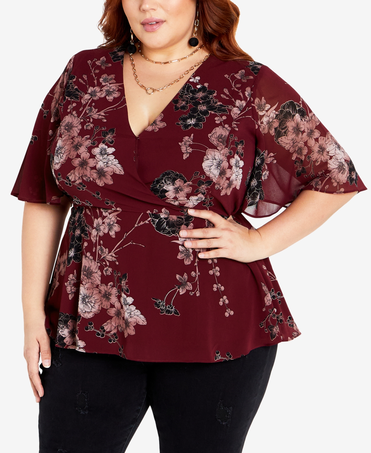 CITY CHIC TRENDY PLUS SIZE BLOSSOM LOVE DEEP V-NECK TOP