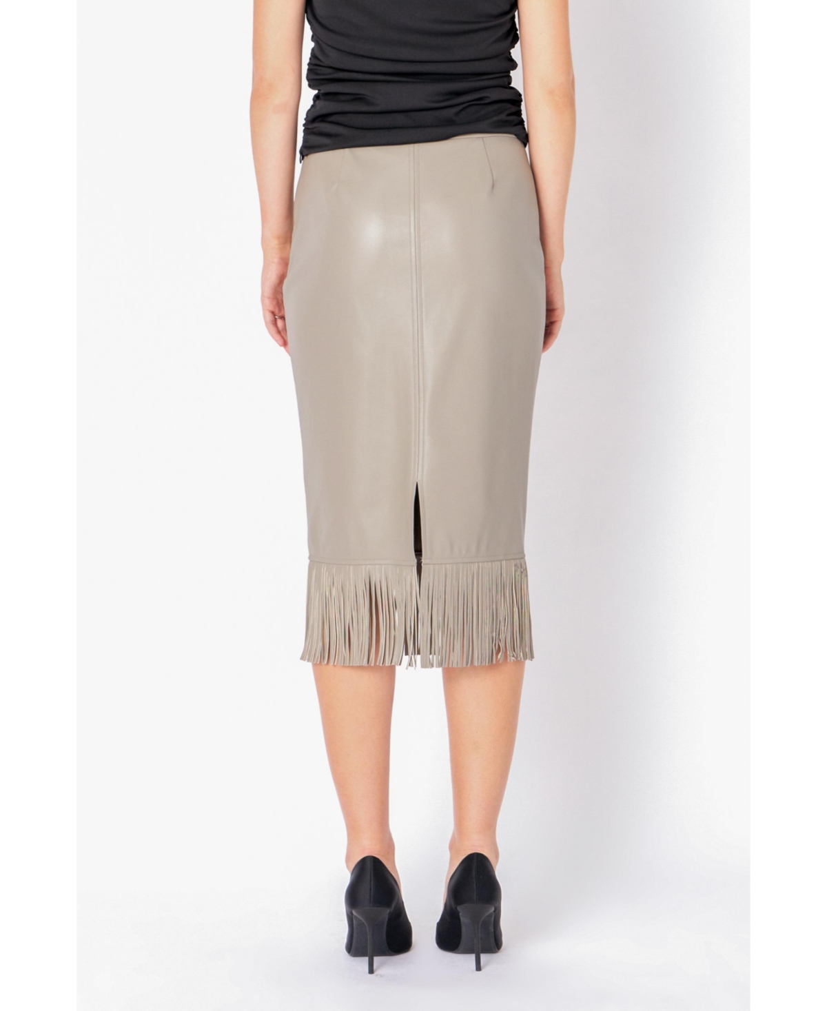 endless rose Women's Pu Fringe Pencil Midi Skirt