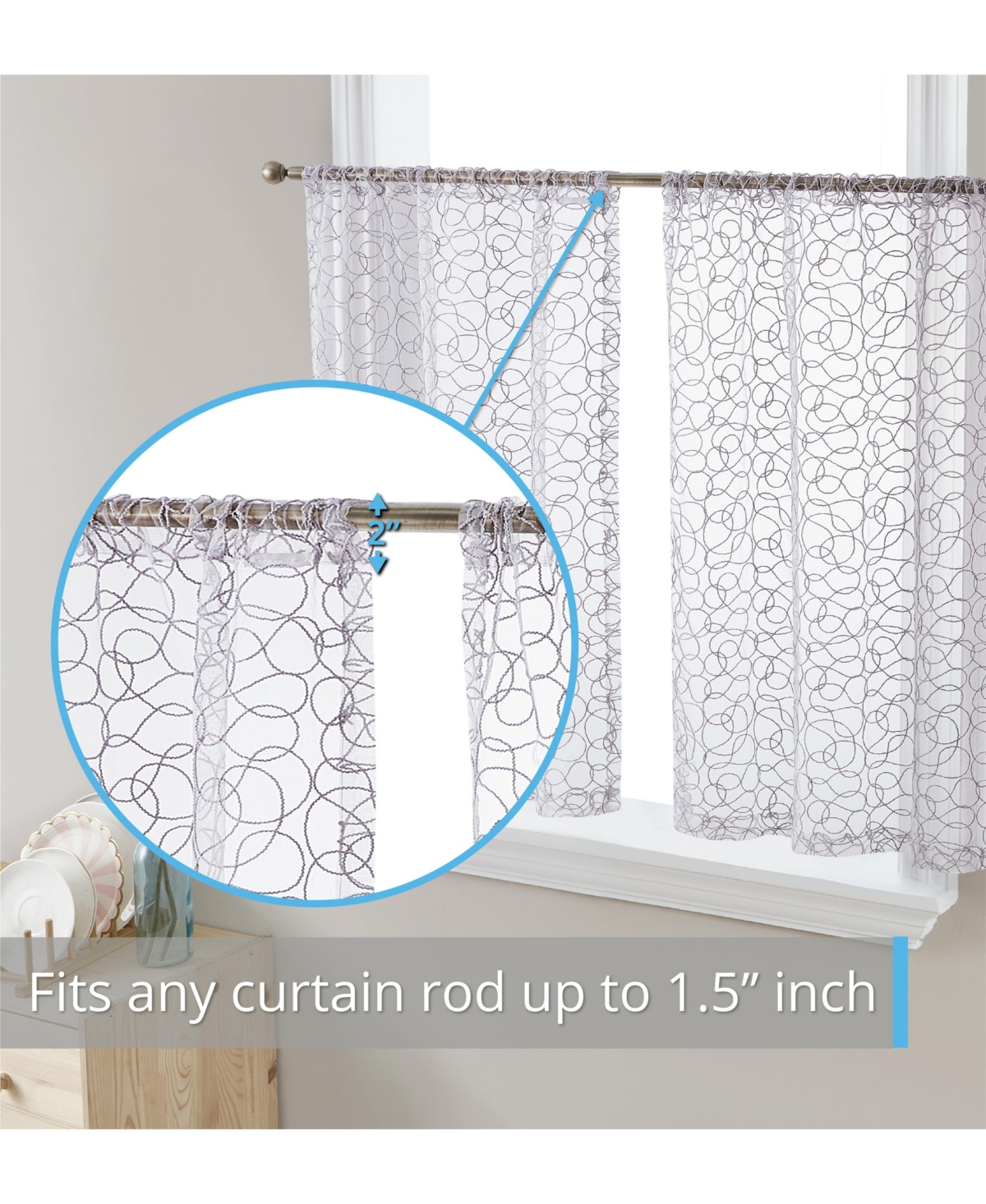 Hlc.me Audrey Embroidered Sheer Voile Window Curtain Short Rod Pocket Tiers for Kitchen, Bedroom, Small Windows and Bathroom