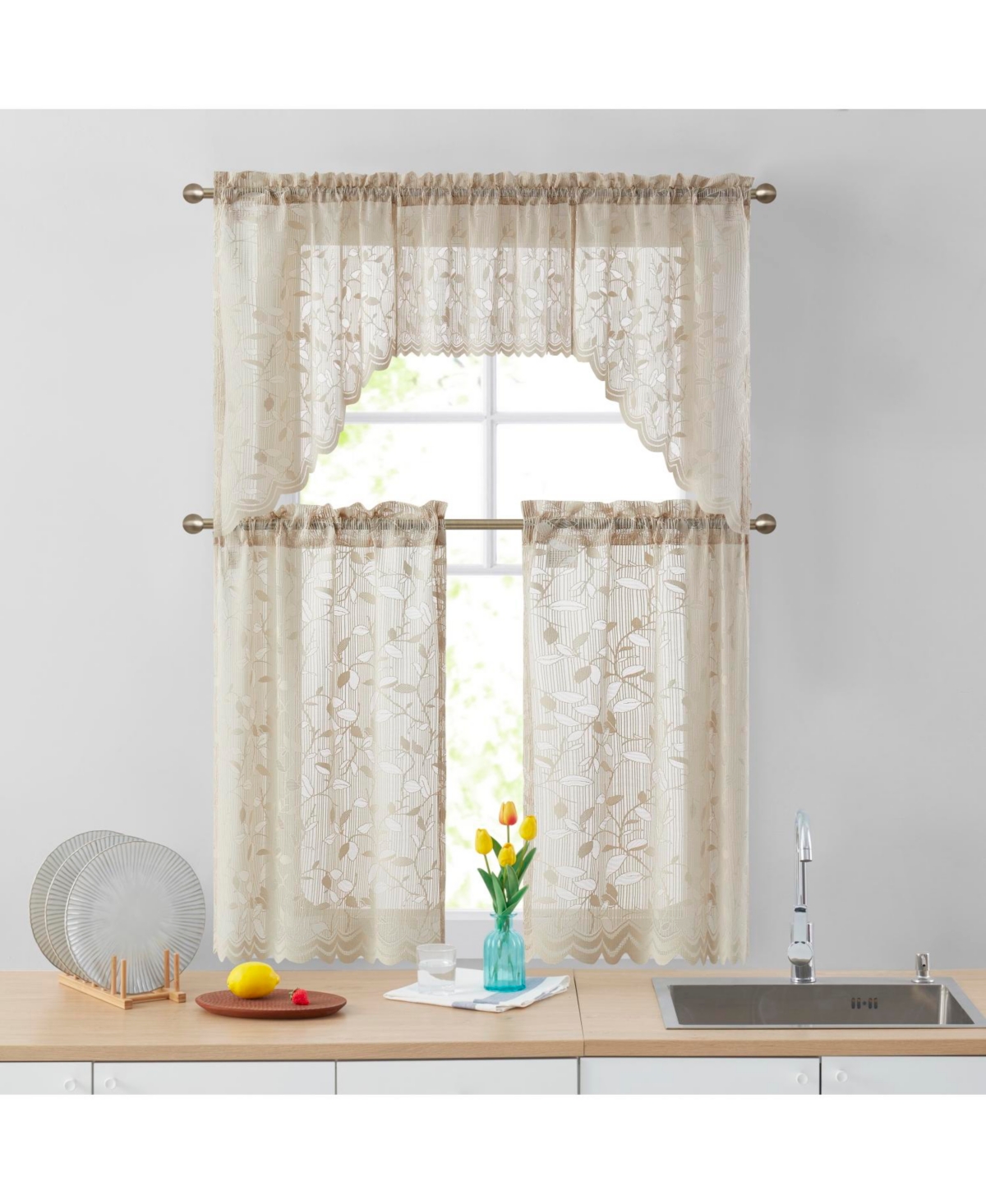 Hlc.me Joyce Semi Sheer Kitchen Swag Curtain Panels - Rod Pocket for Small Windows, Kitchen & Bathroom