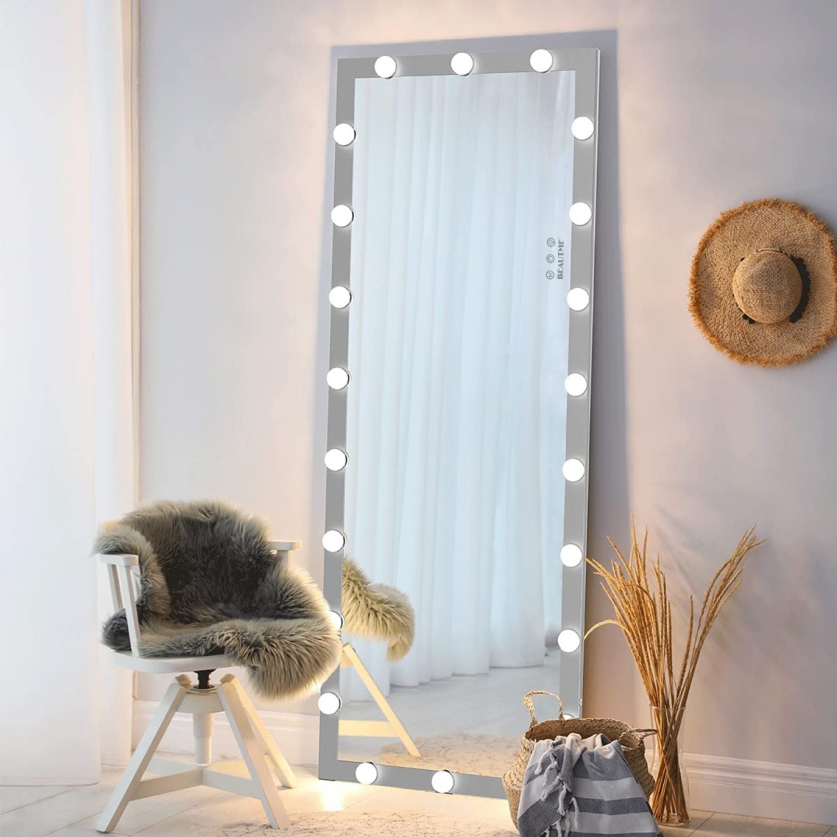 Streamdale Furniture Modern Wall Standing Bedroom Hotel Full Length Mirror With Led Bulbs Touch Control Whole Body