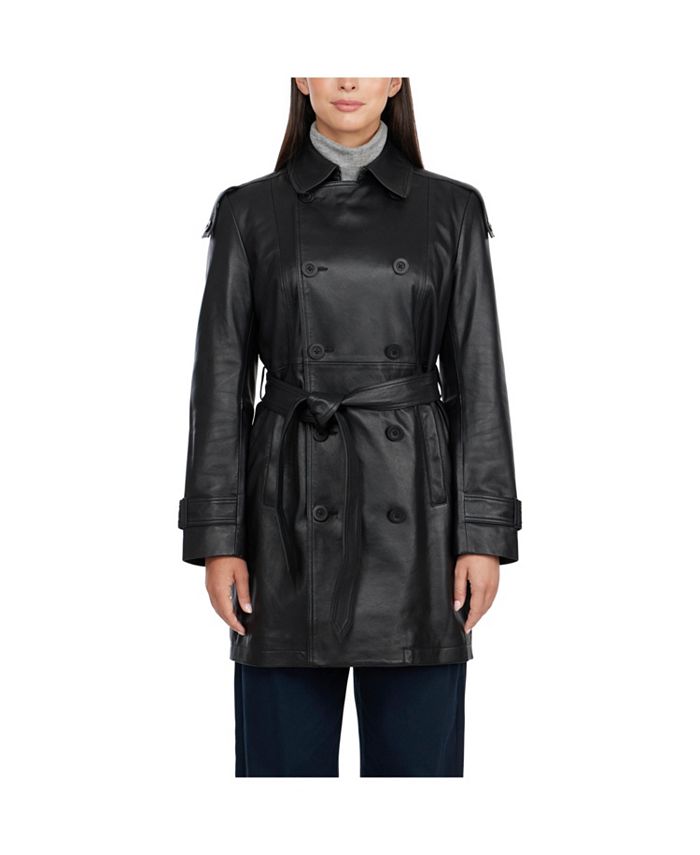 Badgley Mischka Women's Triss Genuine Leather Double Breasted Trench ...