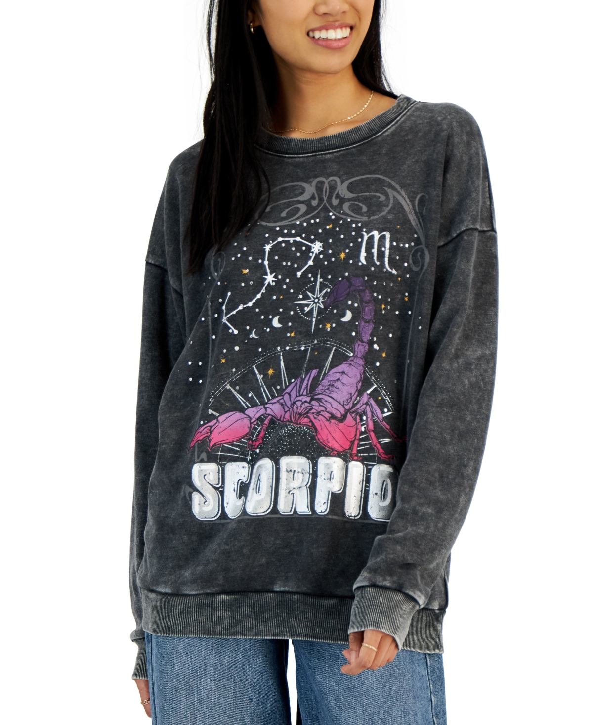 Juniors' Scorpio Drop-Shoulder Graphic Sweatshirt - Black Soot