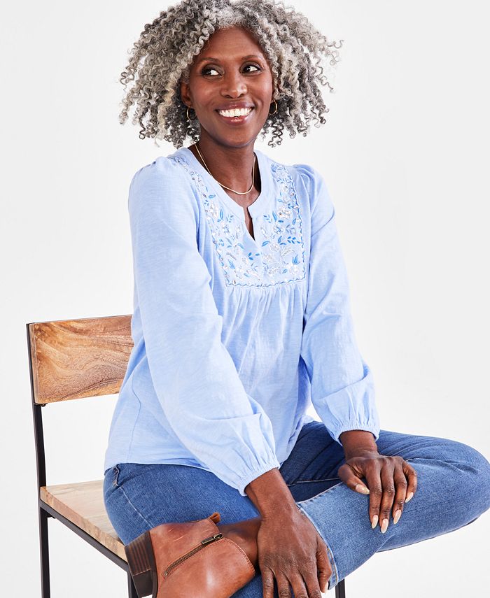 Style Co Petite Embroidered Shimmer Knit Cotton Top Created for