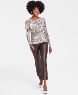 Womens Long Sleeve Mesh Top Faux Leather Kick Flare Pants Created For Macys
