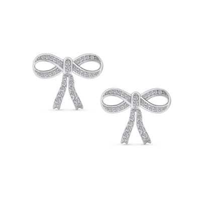 Delicate Dainty Ribbon Birthday Present Pave CZ Bow Stud Earrings For Sterling Silver