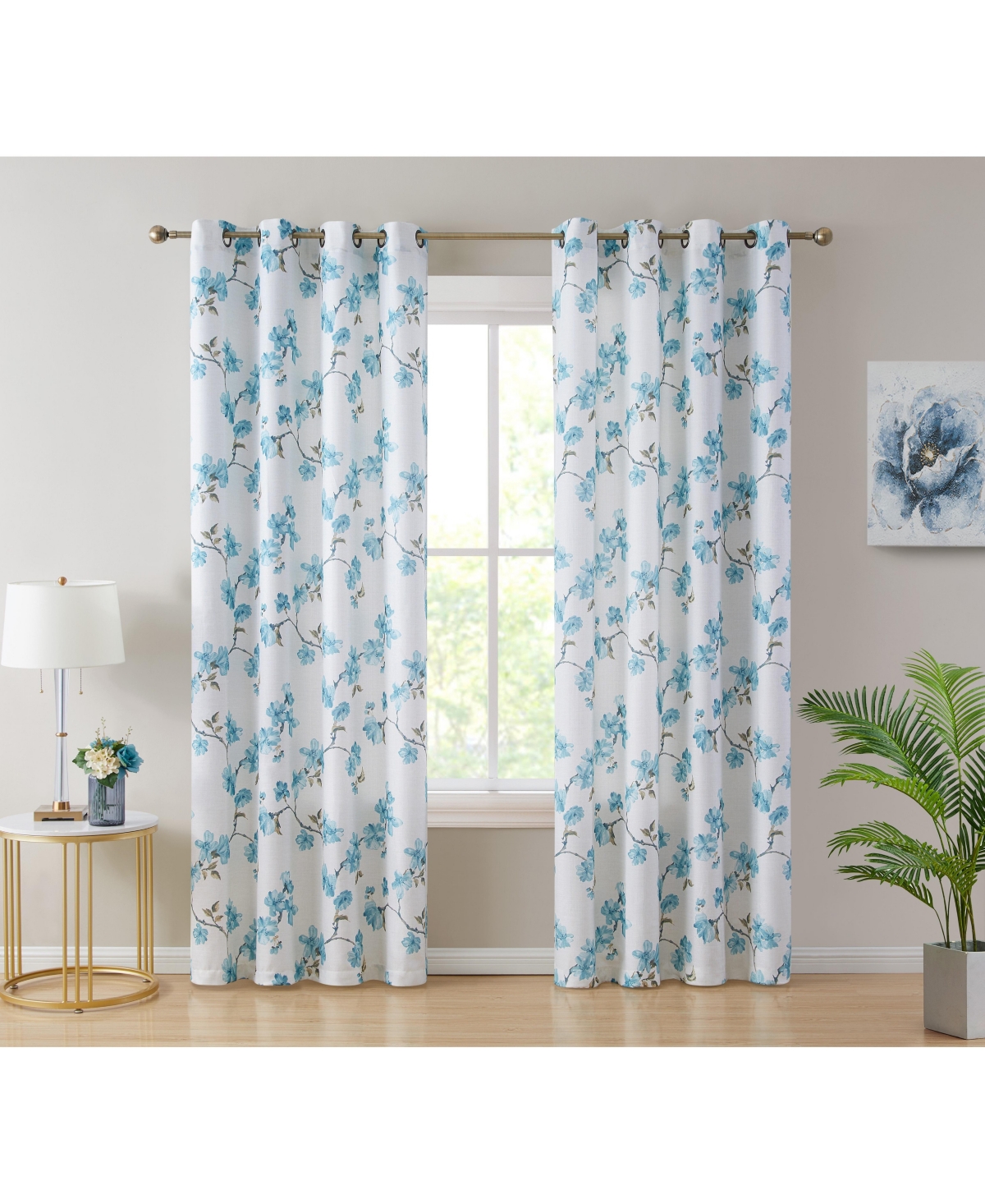 Jade Floral Decorative Textured Light Filtering Grommet Window Treatment Curtain Drapery Panels for Bedroom & Living Room - Set of 2 Panels - T