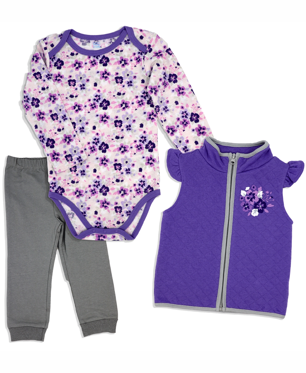 Baby Mode Baby Girls Floral Bodysuit, Pants And Vest, 3 Piece Set In Purple