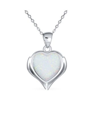 Love Created Framed White Synthetic Opal Heart Shaped Angel Wing Necklace Pendant Sterling Silver