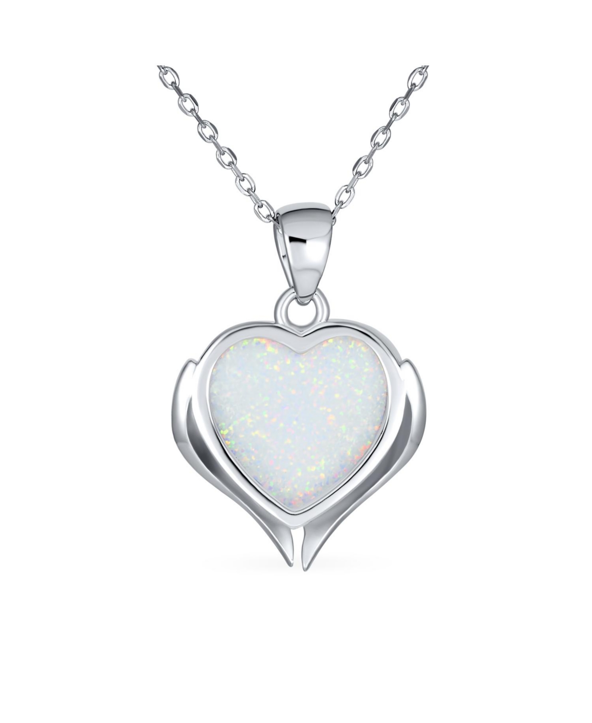 Bling Jewelry Love Created FramedSynthetic Opal Heart Shaped Angel Wing Necklace Pendant For Women Sterling Silver - White