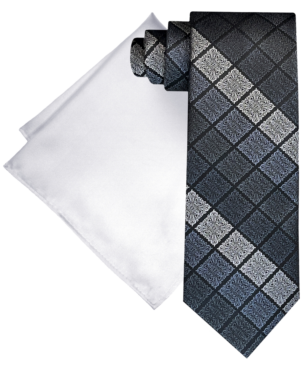 Steve Harvey Men's Extra Long Ornate Block Tie & Solid Pocket Square Set In Black